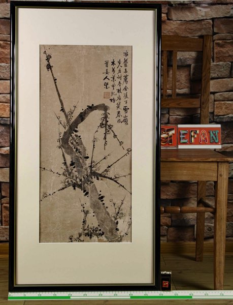 Tusche Malerei China Baumblüte signiert Asiatika Holzschnitt Gegenstück 2