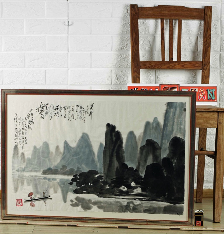 Asiatika China Tuschpinsel Malerei Landschaft Boot See Berge