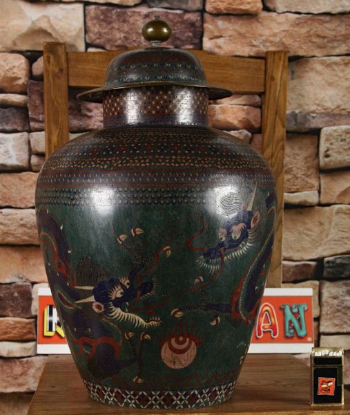 Asiatika Cloisonne Deckelvase antik 45cm hoch Japan Drachen Vase Bronze Drache