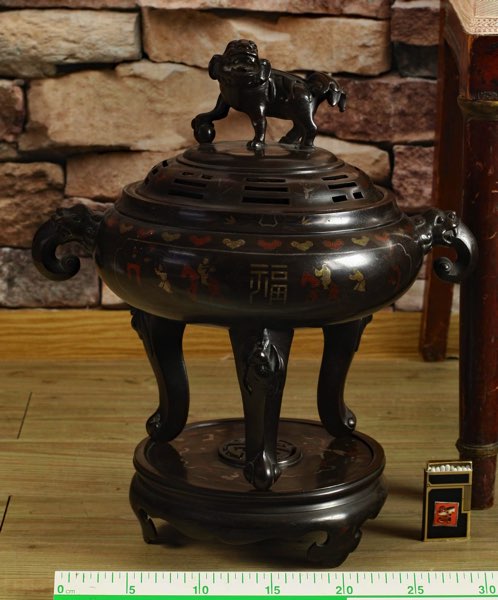 Asiatika antikes Bronze Räuchergefäß Koro 3-teilig Fo Hund auf Ball museal