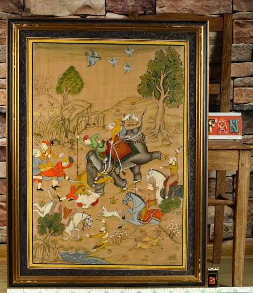 ältere Malerei Jagd mit Elefant Pferden Personen Tiger wohl Indien Seidenmalerei