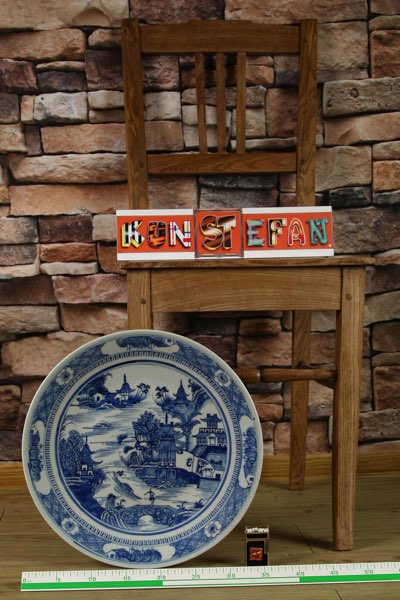 antiker Teller Schale wohl China blau Asiatika Dorf Pagode Häuser Wasser 36cm