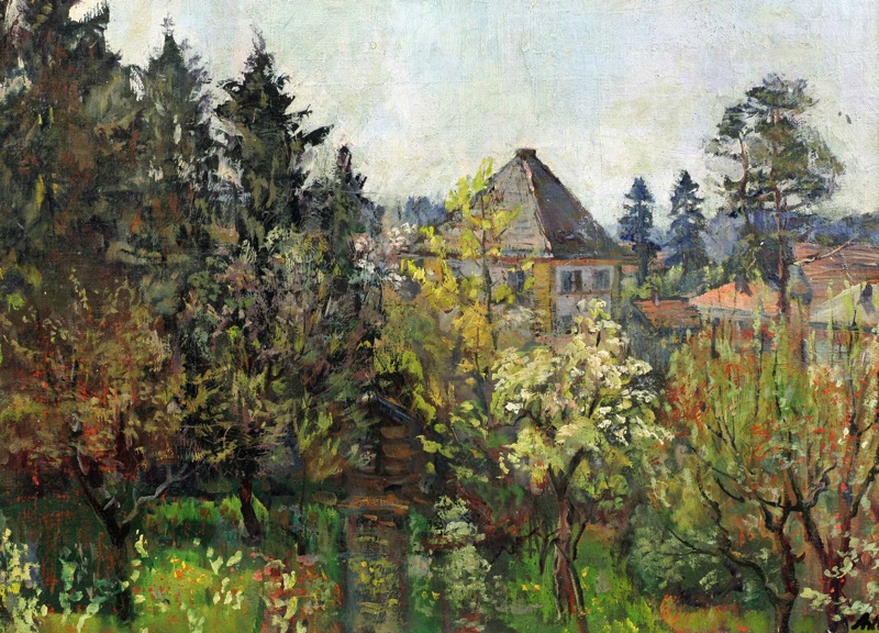 A H antikes Ölgemälde Villa Garten Impressionist