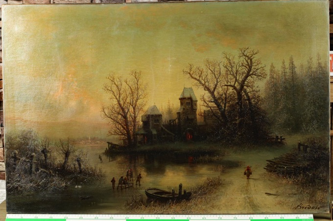 Albert Bredow 1828-1899 Ölgemälde antik Burg Schmiede am Main bei Höchst Winter