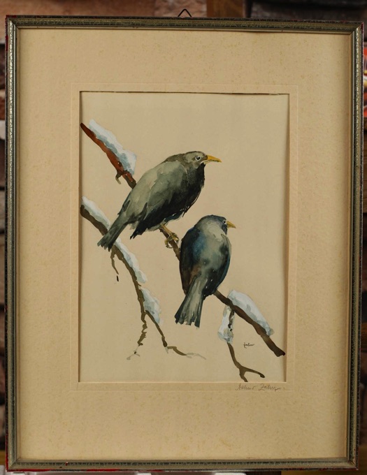 Arthur Zahn 1886-1970 Aquarell antik Paar Vögel auf Ast 1 von 2 Gegenstück Vogel