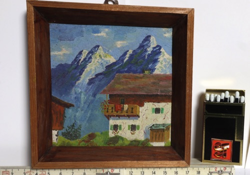 Bau Ölgemälde Miniatur Berghof Alpen antik