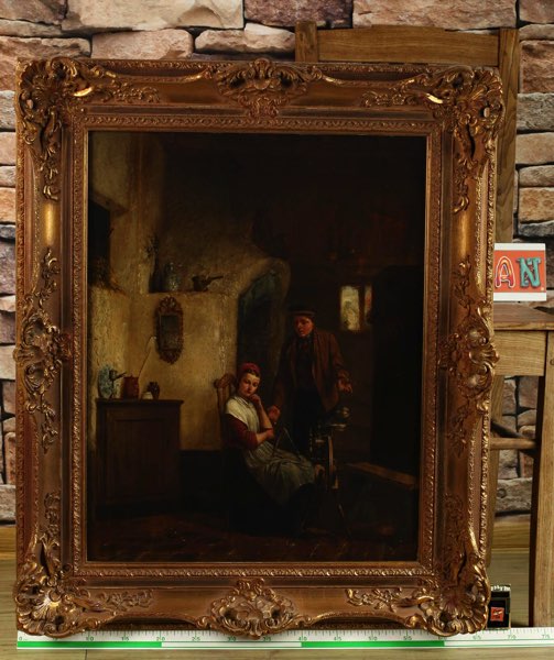 Constantin Boon (1830-1882) Ölgemälde antik 1864 Mädchen am Spinnrad Interieur
