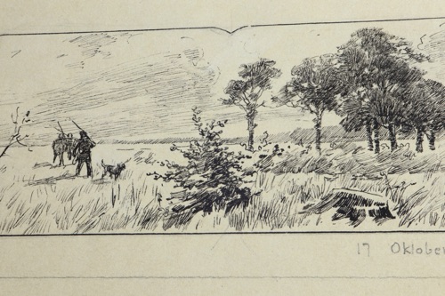 Erik Ludvig Henningsen Zeichnung antik Landschaft Jagd
