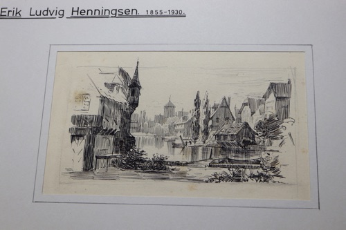 Erik Ludvig Henningsen Zeichnung antik Stadt Ansicht Dänemark