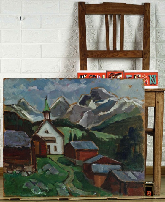 Ernst Pader Ölgemälde Alpen Kapelle Dorf Landschaft 3