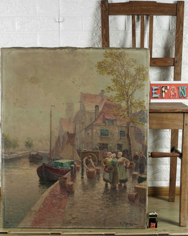 H Mayhew antikes Ölgemälde Holland Volendam Personen Kanal