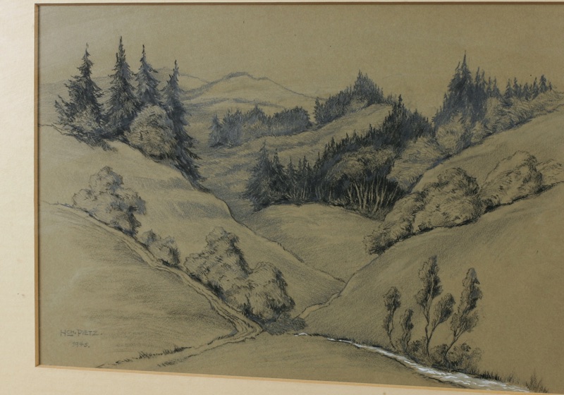 H Pietz Zeichnung weiß gehöht Landschaft 1945