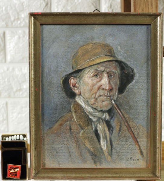 Hugo von Preen antikes Pastellkreide Gemälde Charakterkopf Genre Portrait Mann 1922