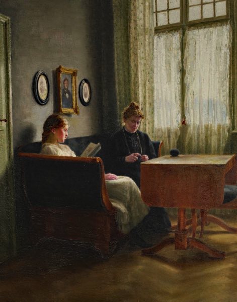 Ida Teichmann *1874 Ölgemälde antik 1910 Interieur Mutter Tochter auf dem Sofa