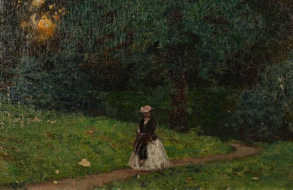 Impressionist unleserlich signiert Ölgemälde antik um 1900 Frau Dame Landschaft