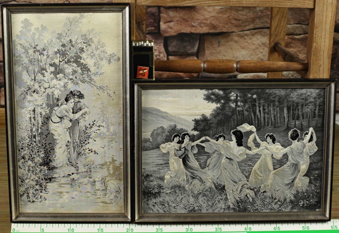 L. Kowal ... 2x Textilbild Stickerei Gobelin antik Mädchenreigen + galantes Paar