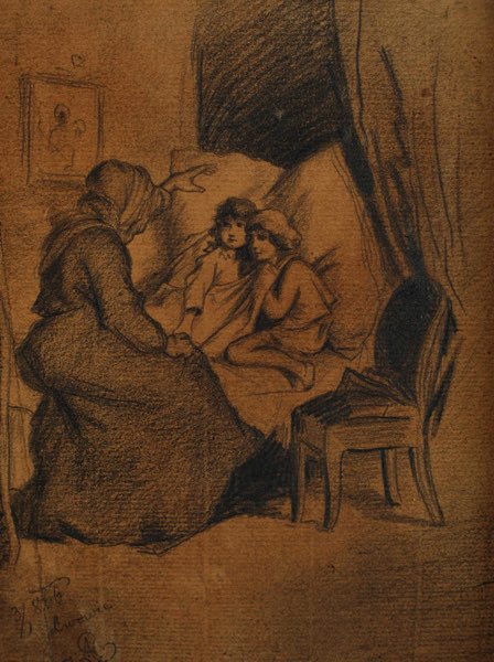 Monogramm C.C. oder ACC Lwowie Zeichnung antik 1866 Kinder Bett Gute Nach Story