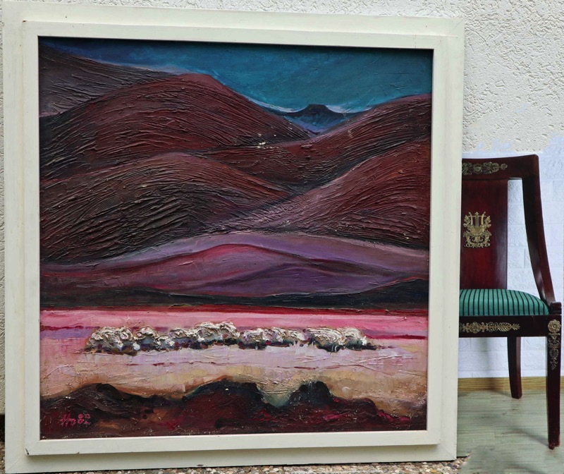 Manfred Homeyer Ölgemälde 1982 Schafe Landschaft beschädigt