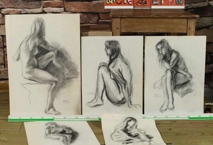 signiert Marina Konvolut Akt Kohle Zeichnungen von 1971 Halbakt Malerei 5 Stück