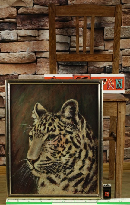 unleserlich signiert Menzel antike Pastell Malerei indischer Leopard Raubkatze