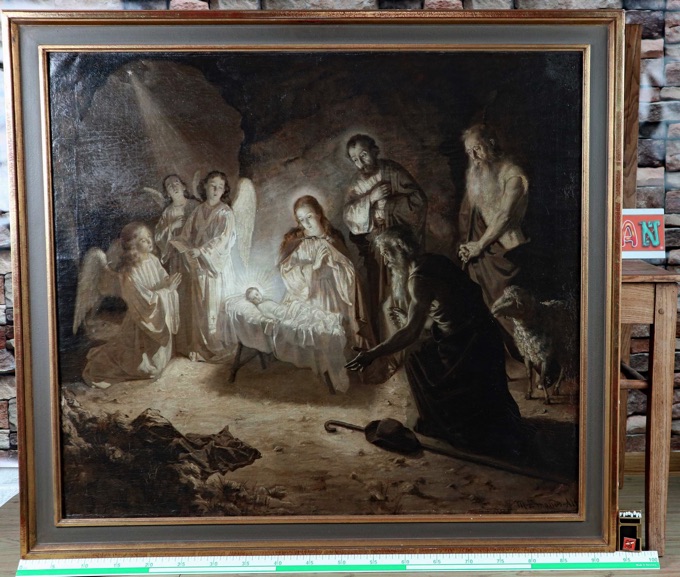 Michael Emonds-Alt 1874-1932 Ölgemälde Grisaille antik die Geburt Jesus Christus