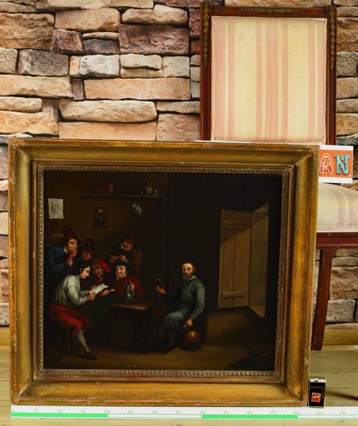 Ölgemälde antik doubeliert Wirtshaus Männer Interieur Genre Portrait Teniers