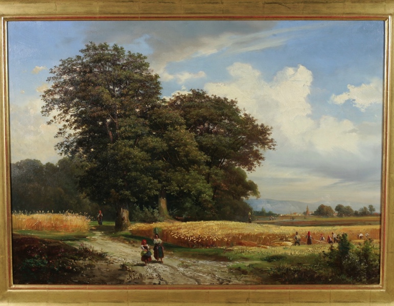 Nicelli Ölgemälde antik 1839 Landschaft Ernte Stadt Personen