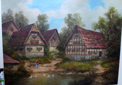 Otto Franke Ölgemälde Enten Dorf Teich