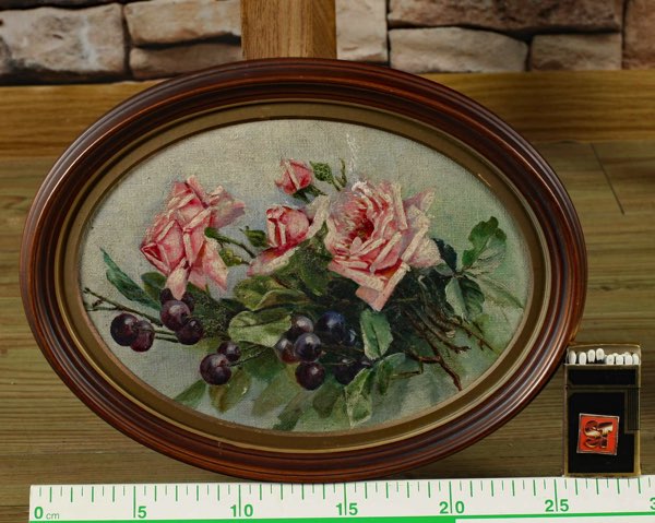 Ölgemälde antik oval Stillleben Blumen Gegenstück vorhanden 27x21cm