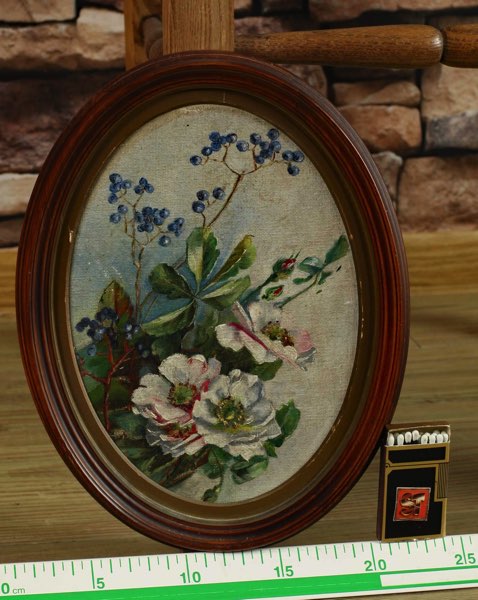 Ölgemälde antik oval Stillleben Blumen Gegenstück vorhanden 27cm x 21cm