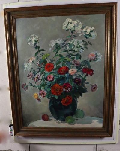 Paula Dittberner Ölgemälde Stillleben Dahlien Blumen Vase Obst 1943