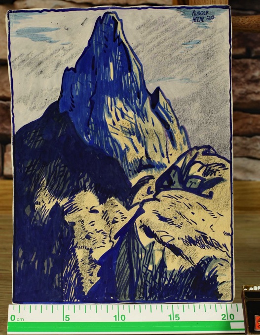 Rudolf Heene Aquarell antik von 1926 Alpen Berge blau Landschaft expressiv 7
