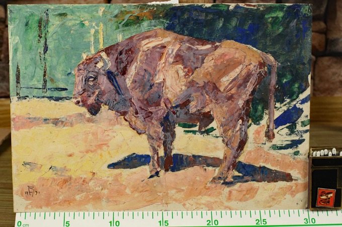 Rudolf Heene Ölgemälde antik von 1931 Bison Büffel Bulle Stier expressiv 1