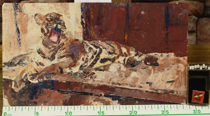 Rudolf Heene Ölgemälde antik von 1931 Tiger liegend 28,5x16cm expressiv 2