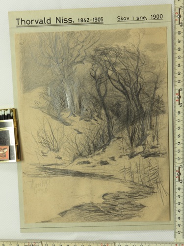 Thorvald Simeon Niss Zeichnung antik 1900 Skov i sne