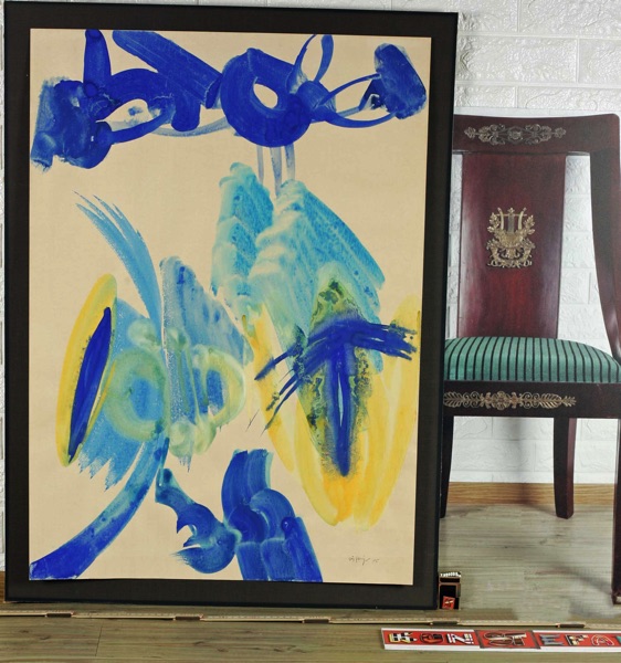 Werner Höpflinger Gouache Gemälde Komposition blau gelb 1975