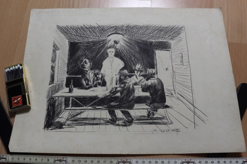 Zeichnung Wilhelm Raab Männer beim Kartenspiel antik 1927 Poker al Capone Frühwerk