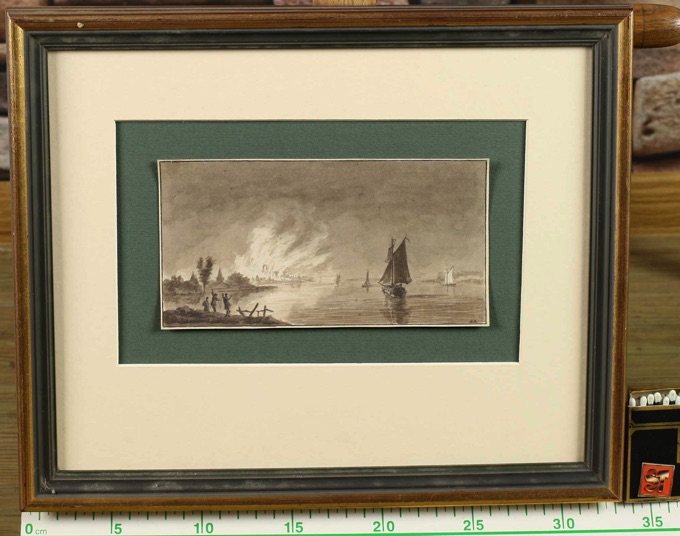 Zuschreibung Hendrik Spilmann 1721-1784 Tusche Zeichnung antik Feuer Stadt Boote