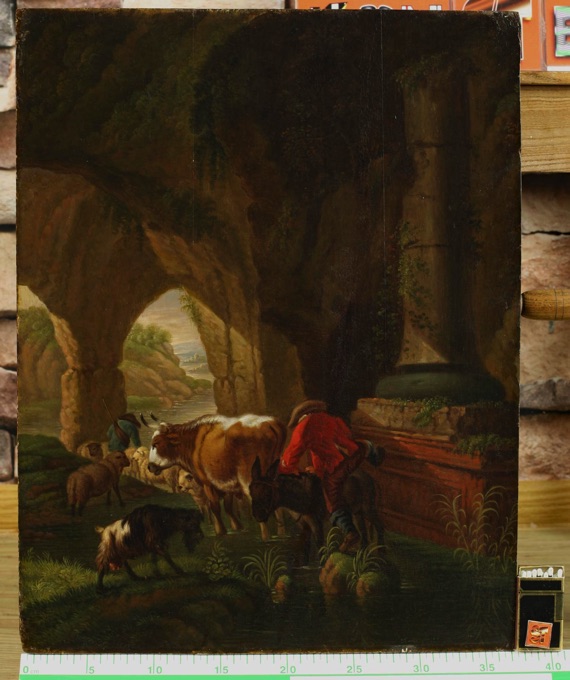 Ölgemälde antik auf Holztafel gemalt Tiere Hirten Grotte Esel Schafe Altmeister