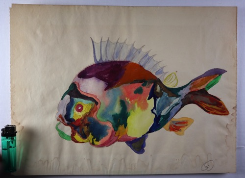 Signiert Aquarell älter antik Fisch expressiv
