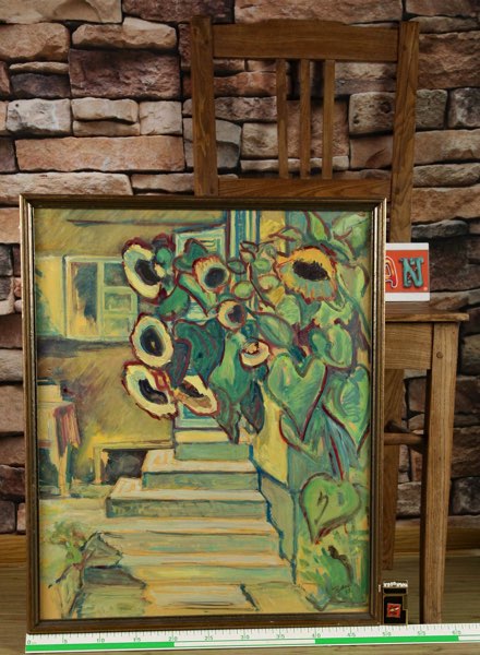 unleserlich signiert Bauer 1953 (?) Ölgemälde Sonnenblumen Haus Treppe expressiv