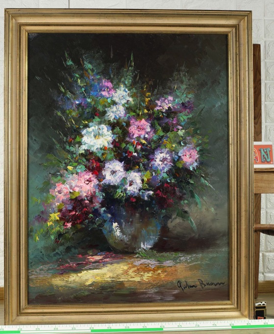 unleserlich signiert Ölgemälde Stillleben Blumen Vase 92cm