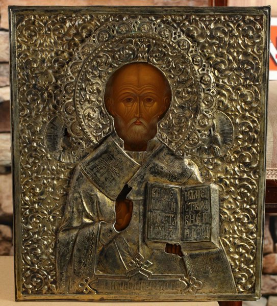 antike Ikone Heiliger Sankt St. Nikolaus Oklad Malerei Portrait zwei Randheilige