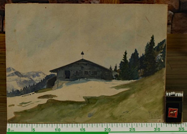 Paul Mayr antikes Aquarell von 1921 Almhütte Landschaft Kempten Berge